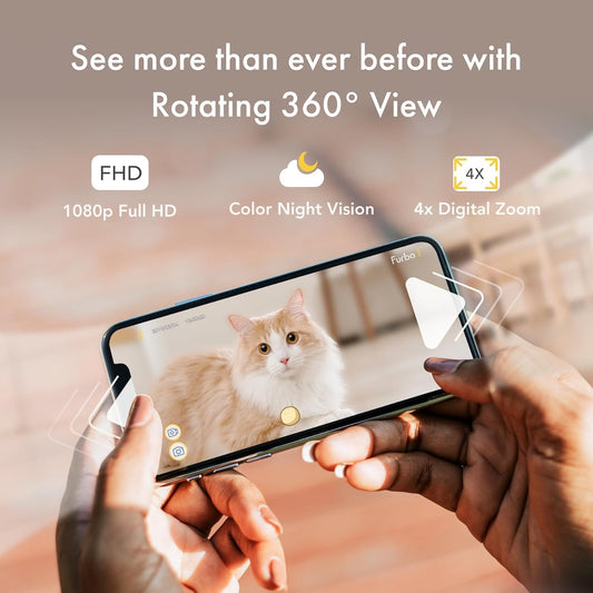 360° Cat Camera: Home Security Camera with Meowing Alerts, Rotating Pet Treat Camera with Phone App, Smart Home Indoor Kitty Cam with 2-Way Speaker and Night Vision (No Subscription Required)