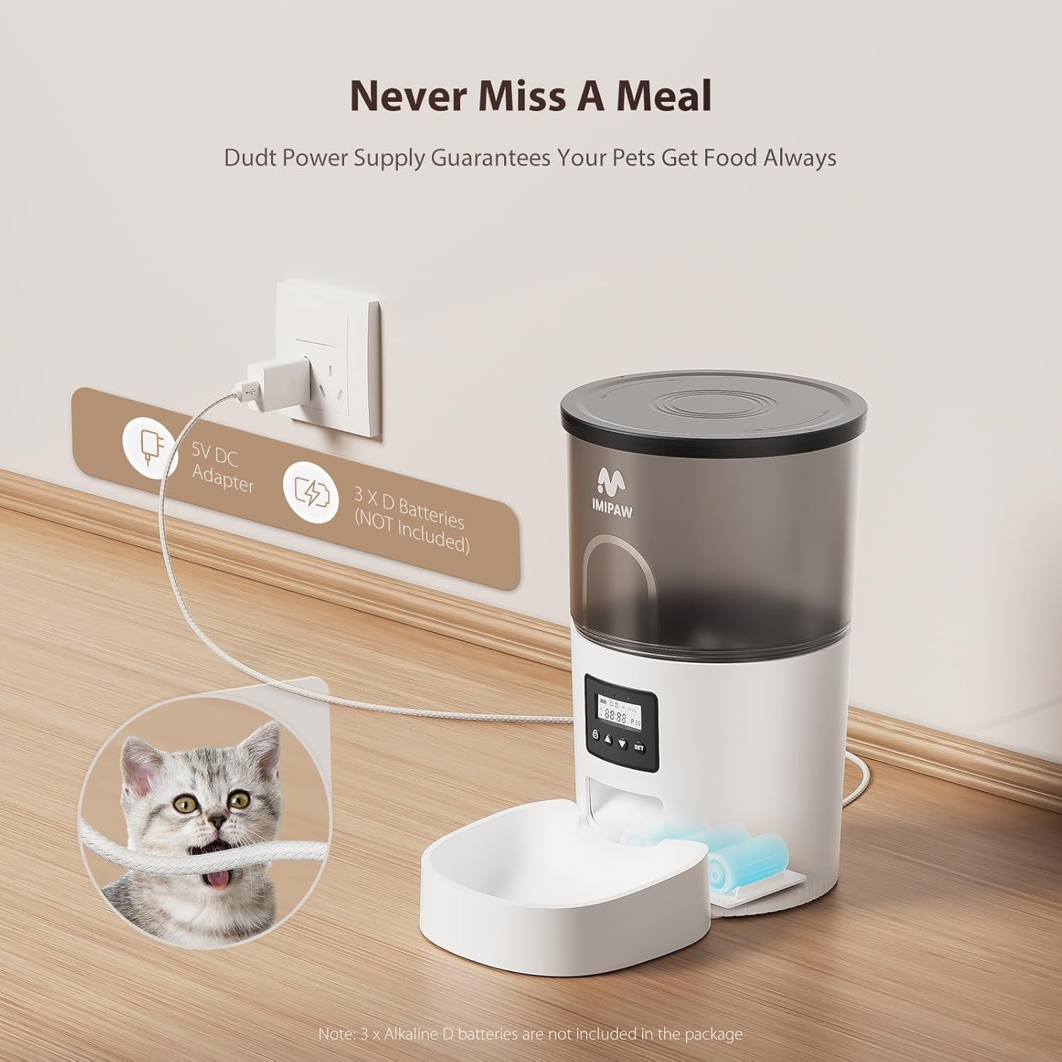Automatic Cat Feeders, 3L Timed Cat Dry Food Dispenser, Dual Power Supply, Programmable Portion Size, Auto Pet Feeder for Cats and Small Dogs